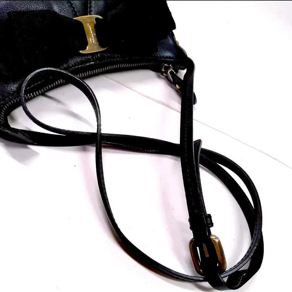 Auth Salvator Ferragamo Black Leather Small Studded Crescent Vara Hobo Bag